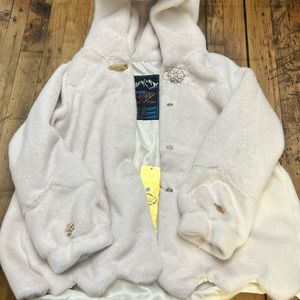 NWT Ivory Faux Fur Jacket with hood and gemstone broach